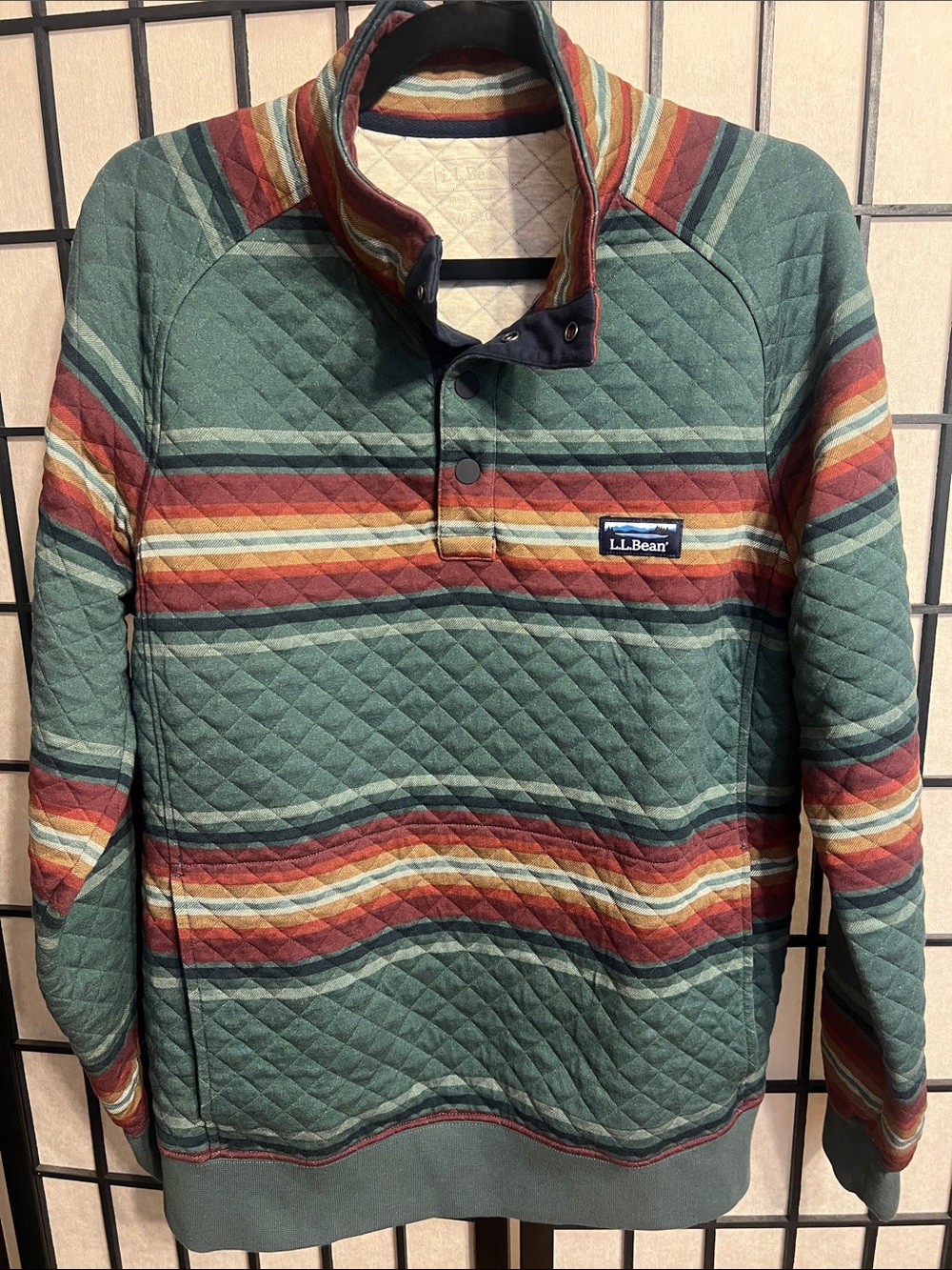 L.L. Bean Quilted Stripe Zip-Up Sweater in Green, Red, Cream, Blue